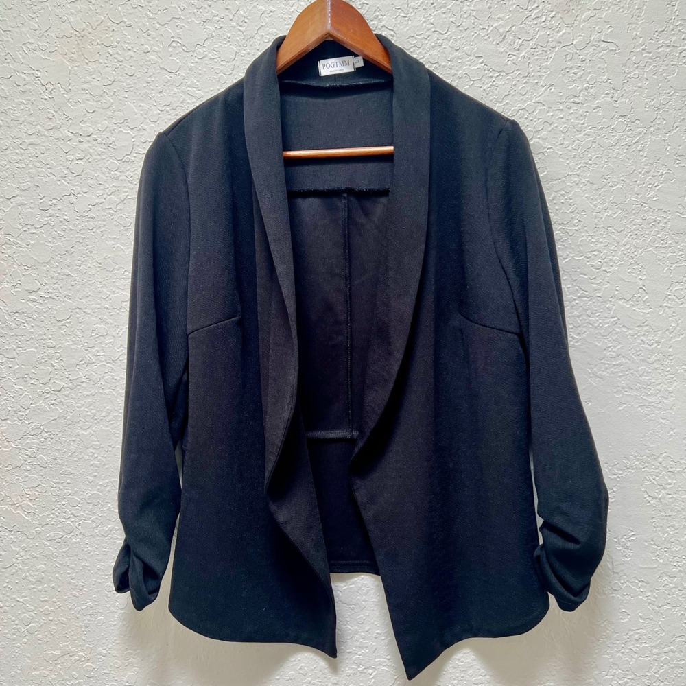 Womens Black Open Front Blazer 3/4 Ruched Sleeve Shawl Collar Jacket Size L